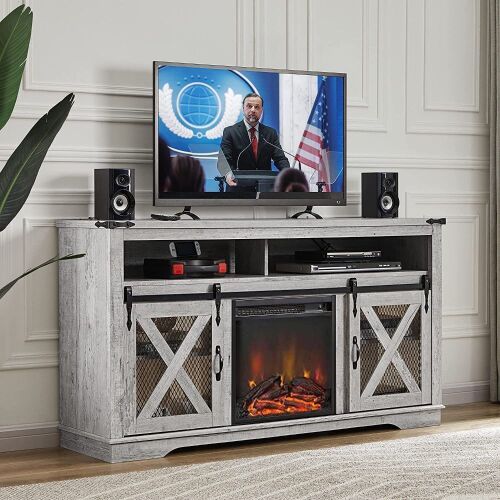 Okvnbjk 58" Sliding Barn Door Entertainment Center with 18" Electric Fireplace for TVs up to 70", White Oak  - Lot 83