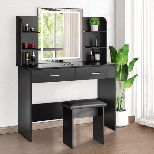 VIVOHOME Makeup Vanity Table Set with 3-Color Dimmable Lighted Mirror, 6 Storage Shelves, 2 Drawers, Cushioned Stool, Black  - Lot 42