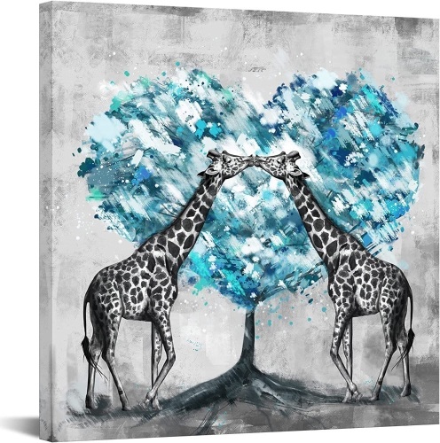 24x24" Giraffes and Teal Heart Trees Wall Art Canvas Print - Lot 237