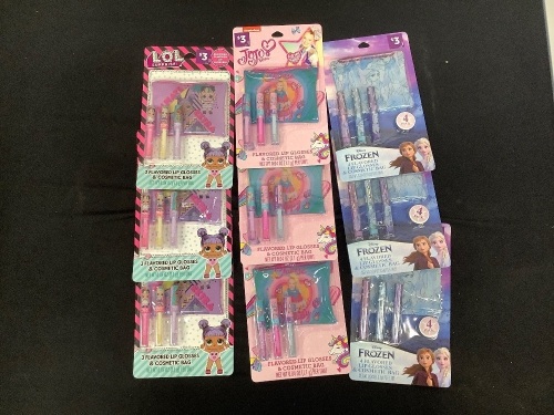 Lot of (9) 3 Pk. Kids Flavored Lip Gloss w/ Cosmetic Bag - Lot 154