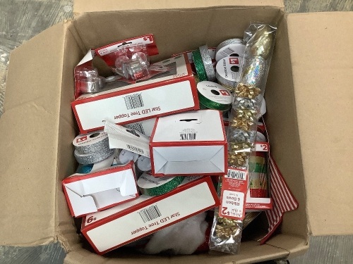 Box of Unsorted Holiday Decor and Wrapping Supplies - Ribbon, Bows, Tree Toppers - Lot 140