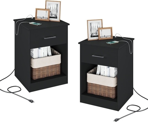 Reettic Set of 2 Nightstand with Charging Station and USB Ports & Power Outlets, Wooden End Table with Drawer and Opening Shelf, Side Table for Bedroom, Black RCTG101BE02 - Lot 1571