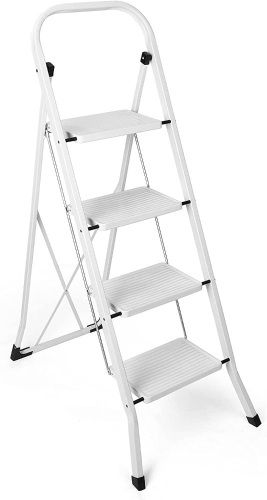 Delxo Step Ladder 4 Step Stool Folding with Convenient Handgrip Anti-Slip Sturdy and Wide Pedal,350lbs Heavy Duty 4 Feet Steel Step Ladder for Adults,Lightweight Portable Step Stool Ladder White - Lot 1586