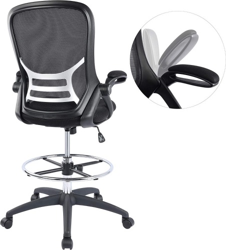 High-Back Mesh Ergonomic Drafting Chair Tall Office Chair Standing Desk Stool with Adjustable Foot Ring and Flip-Up Arms (Black) - Lot 1592