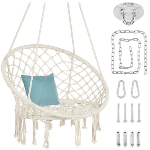 Cotton Macrame Hammock Hanging Chair Swing, Handwoven w/ Backrest - Lot 5126