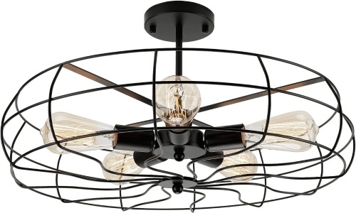 Vintage Black Metal Cage Ceiling Light-Easric Retro Industrial Semi Flush Mount Ceiling Lamp Fixture with 5 Lights for Kitchen Hallway Living Room Bedroom - Lot 5419