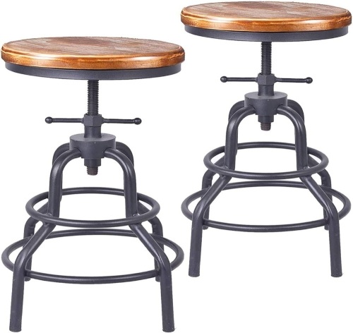Diwhy Industrial Vintagve Bar Stool, Kitchen Counter Heigh Adjustable Screw Stool, Swivel Bar Stool, Metal Wood Stool, 27 Inch, Fully Welded Set of 2 - Lot 5426