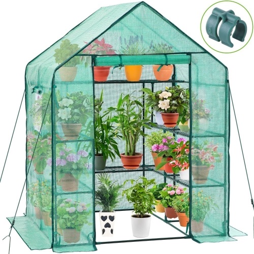 Greenhouse for Outdoors with Screen Windows, Ohuhu Upgraded 4 Tiers 11 Shelves Walk-in Greenhouses with Durable PE Cover, Outside Garden Plastic Green House with Ground Pegs & Ropes for Stability - Lot 5430
