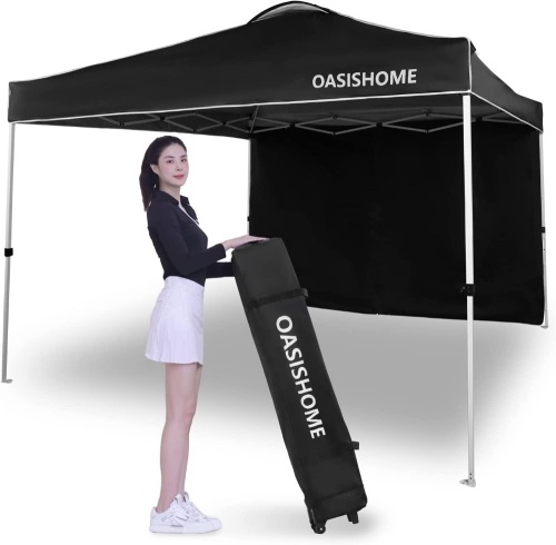PINK OASISHOME Pop-up Gazebo Instant Portable Canopy Tent 10'x10', with 1 Sidewall, Wheeled Bag, for Outdoor/Beach Parties and Trade Shows - Lot 5433