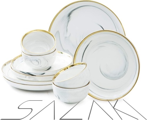Sazaki Stoneware Dinnerware Set 12 Piece Plate and Bowl Set, Durablke Dinnerware for 4, Unique Natural Marble Design Gold- Plated Dinnerware Set - Lot 5438