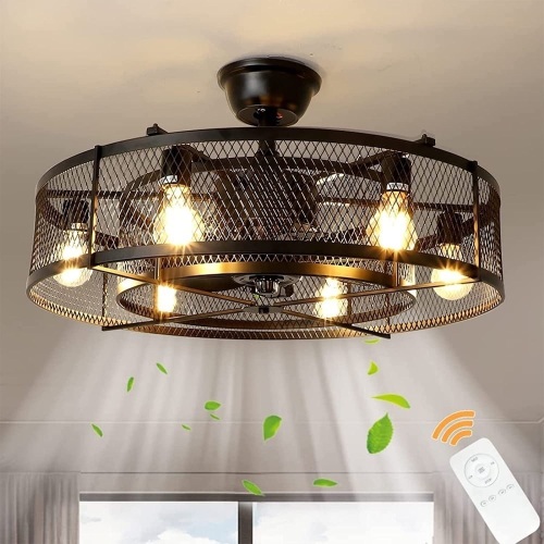 Depuley 26" Farmhouse Ceiling Fan with Lights, Industrial Indoor/Outdoor Ceiling Fan Lighting, Matte Black Flush Mount Ceiling Fan Lights, Cage Ceiling Fan with Remote 3 Speed Timing - Lot 5439