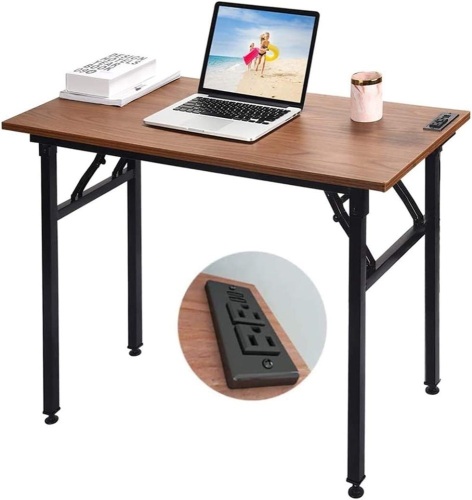 Frylr Small Folding Writing Desk with USB Ports & Power Plugs 31.5x15.7x29 Inch Small Office Computer Desks Portable for Home Office, Foldable Student Study Tables for Small Space, Walnut - Lot 5446