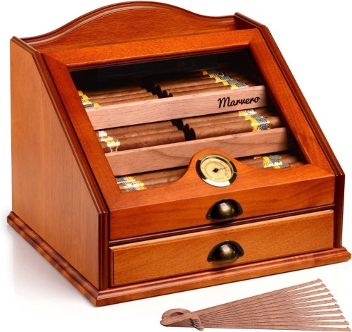 Marvero Handcrafted Cigar Humidors with Accessory Magnetic Drawer, Glass Top with Hygrometer for 110 Sticks, Cedar Humidors with 4 Size Drawers, 1 Large Humidifier and 10 Cedar Spills. - Lot 5451