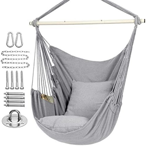Y-Stop Hammock Chair Hanging Rope Swing, Max 500lbs, 2 Seat Cushions Included, Quality Cotton Weave for Superior Comfort, Durability with Hardware Kit ( Light Grey) - Lot 1891