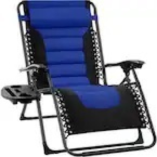 Oversized Padded Zero Gravity Blue Metal Reclining Outdoor Lawn Chair w/Side Tray - Lot 2759