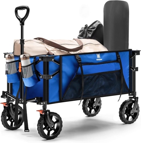 Navatiee Collapsible Folding Wagon, Heavy Duty Utility Beach Wagon Cart with Side Pocket and Brakes, Large Capacity Foldable Grocery Wagon for Garden Sports Outdoor Use, S1 - Lot 9461