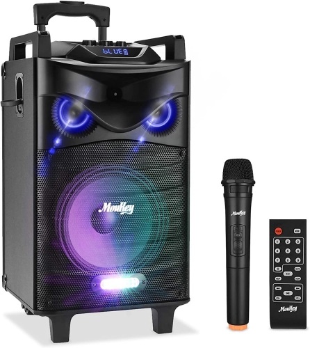Moukey Karaoke Machine, Big Woofer PA System, Powerful Sound, Portable Bluetooth Speaker with Wireless Microphone, Party Lights & Echo/Treble/Bass Adjustment, Support TWS/REC/AUX/MP3/USB/TF/FM - Lot 9475