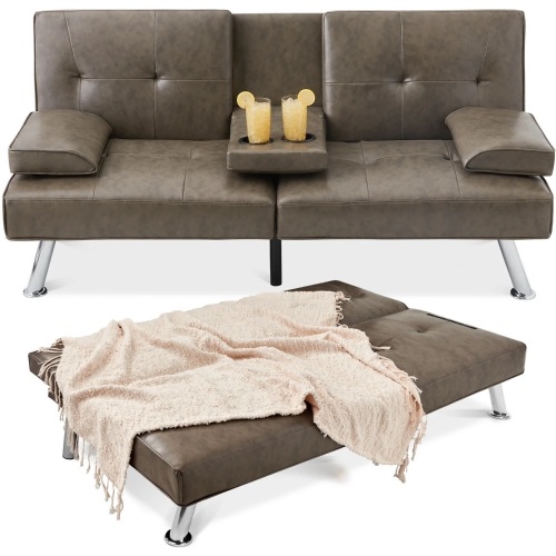 Faux Leather Upholstered Convertible Sofa Bed Futon w/ 2 Cupholders - Lot 9493