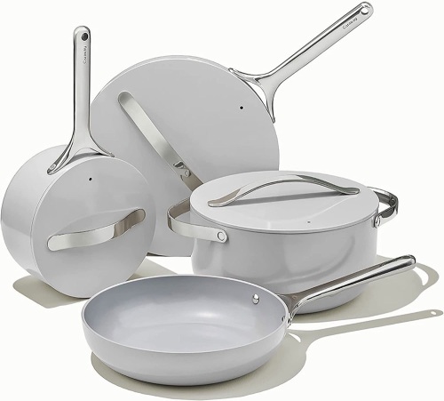 Caraway Nonstick Ceramic Cookware Set (12 Piece) Pots, Pans, Lids and Kitchen Storage - Non Toxic, PTFE & PFOA Free - Oven Safe & Compatible with All Stovetops (Gas, Electric & Induction) - Gray - Lot 9491