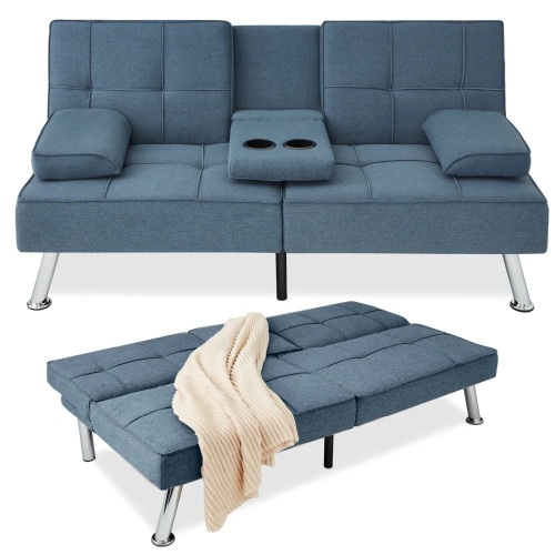 Linen Upholstered Convertible Sofa Bed Futon w/ 2 Cupholders - Lot 9524