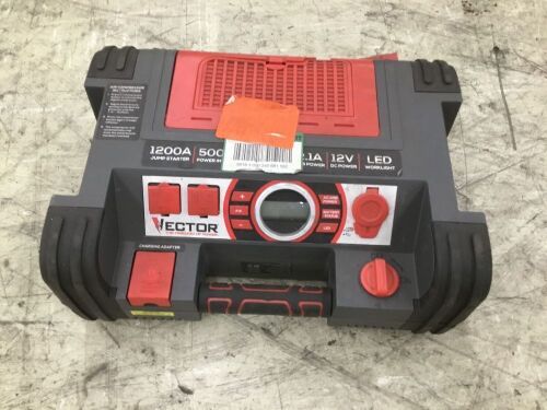 VECTOR 1200 Peak Amp Jump Starter, Battery Booster, Dual Power Inverter, 120 PSI Air Compressor, USB Charging Port, Rechargeable  - Lot 334