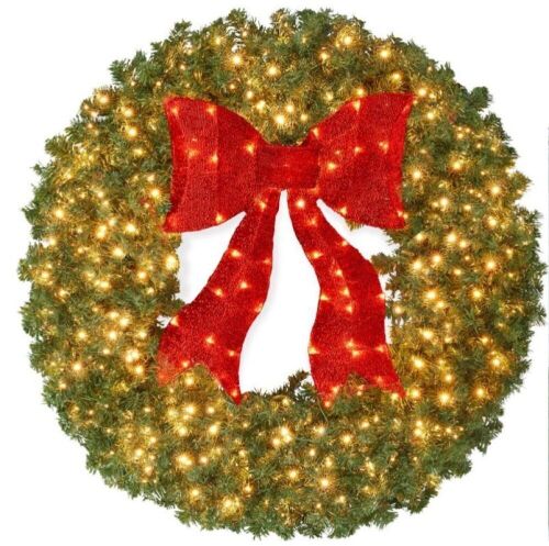 48in Artificial Pre-Lit Fir Christmas Wreath Decor w/ Red Bow, 250 LED Lights, 900 Tips, Plug-In - Lot 335