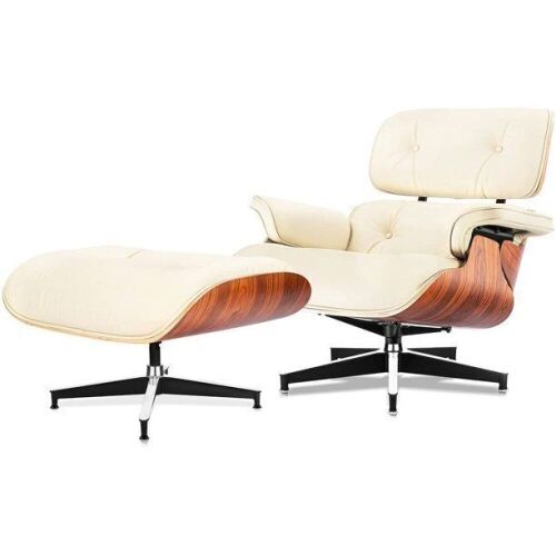 Mid Century Lounge Chair and Ottoman, Ivory Leather  - Lot 16