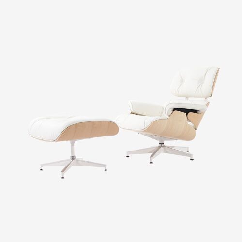 Mid Century Lounge Chair and Ottoman, Ivory Leather  - Lot 18