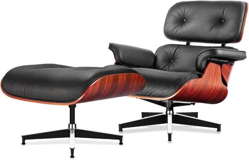 Mid Century Lounge Chair and Ottoman, Black Leather  - Lot 49