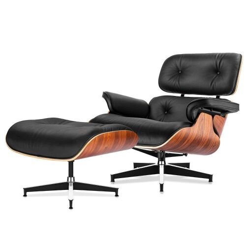Mid Century Lounge Chair and Ottoman, Black Leather  - Lot 93