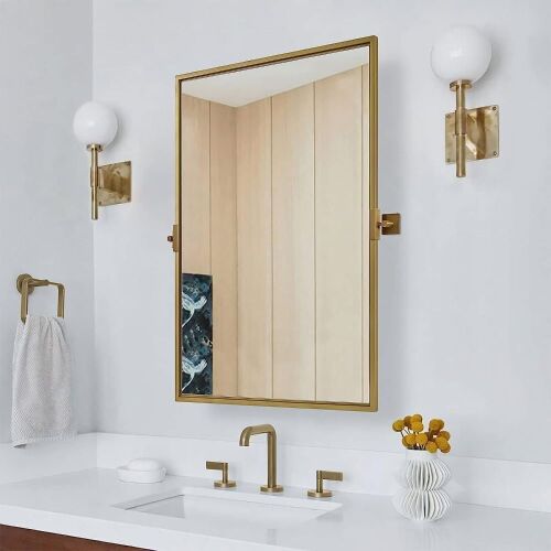 MOON MIRROR 24"x36" Pivot Mirror for Bathroom, Modern Gold Rectangle Wall Mirror, Premium Pine Wood Frame, Hangs Vertical  - Lot 1201