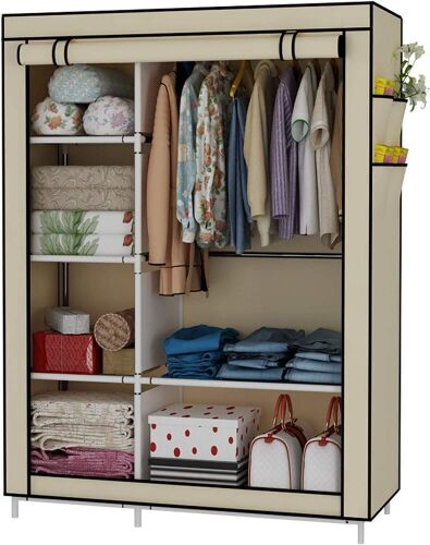 UDEAR Closet Organizer Wardrobe Clothes Storage Shelves, Non-Woven Fabric Cover with Side Pockets, Beige  - Lot 655