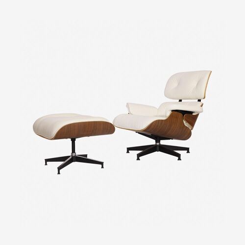 Mid Century Lounge Chair and Ottoman, Ivory Leather  - Lot 38