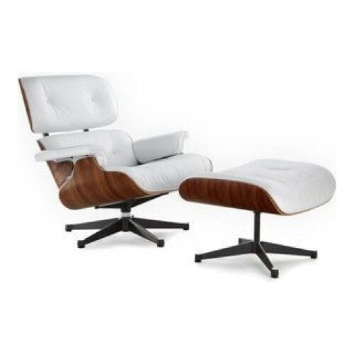 Mid Century Lounge Chair and Ottoman, White Leather  - Lot 37