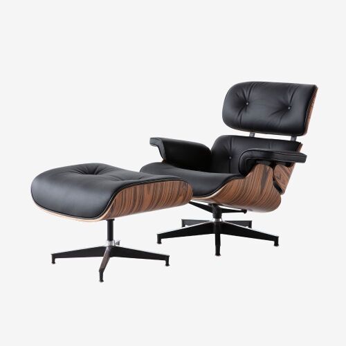Mid Century Lounge Chair and Ottoman, Black Leather  - Lot 29
