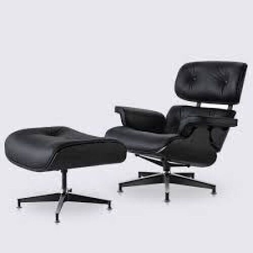 Mid Century Lounge Chair and Ottoman, Black Leather - Light Scuffing - Lot 92