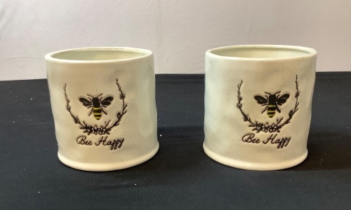 Set of (2) Stoneware "Bee Happy" Planters - Lot 322