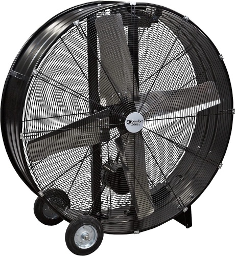 Comfort Zone CZMC48B 48” High-Velocity Industrial 2-Speed Belt-Drive Drum Fan, All-Metal Construction, Balanced Aluminum Blades, Easy to Grab Handle, Rubber Wheels, Black - Lot 5273