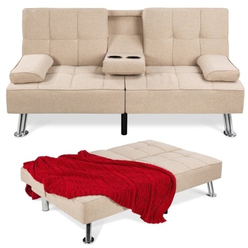 Linen Upholstered Convertible Sofa Bed Futon w/ 2 Cupholders - Lot 5500