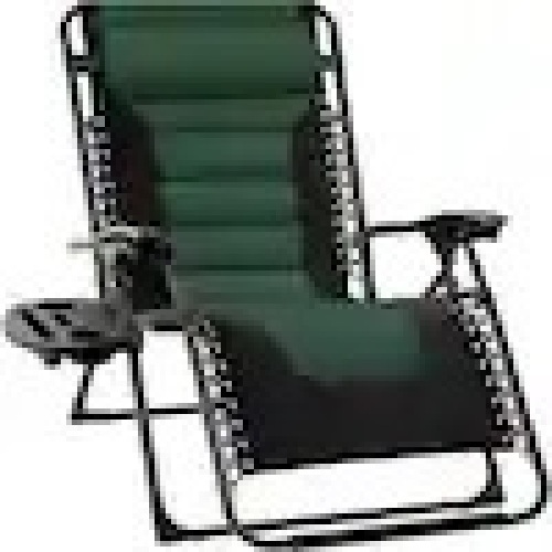 Oversized Padded Zero Gravity Forest Green Metal Reclining Outdoor Lawn Chair w/Side Tray - Lot 5511