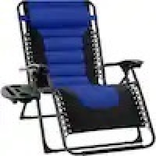 Oversized Padded Zero Gravity Blue Metal Reclining Outdoor Lawn Chair w/Side Tray - Lot 5527