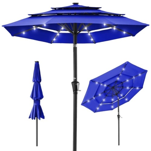3-Tier Solar Patio Umbrella w/ LED Lights, Tilt Adjustment, Crank - 10ft - Lot 5562