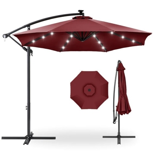Solar LED Offset Hanging Patio Umbrela w/ Crank Tilt Adjustment - 10ft - Lot 5565