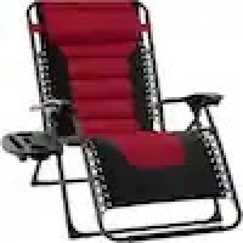 Oversized Padded Zero Gravity Burgundy Red Metal Reclining Outdoor Lawn Chair w/Side Tray - Lot 5595