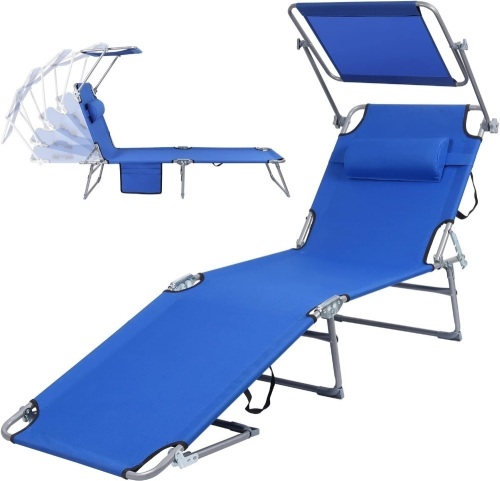 Goallim Folding Chaise Lounge Chair Outside, 5-Position Adjustable Beach Lounger Chair with Canopy Sun Shade, Pillow & Side Pocket, Lightweight Portable Reclining Sunbathing Chair for Pool, Lawn, Yard - Lot 5600