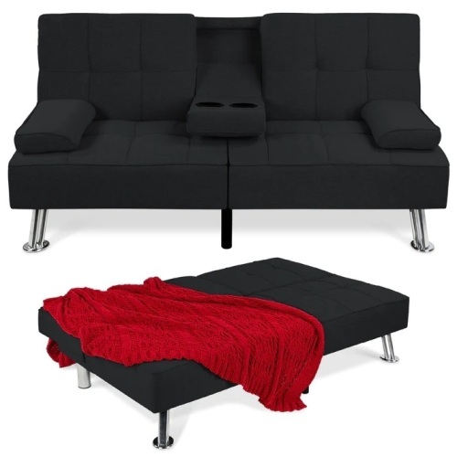 Linen Upholstered Convertible Sofa Bed Futon w/ 2 Cupholders - Lot 5606