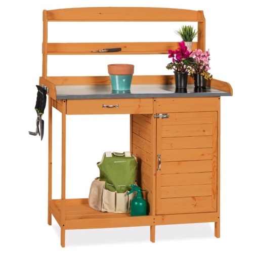 Garden Wooden Potting Bench w/ Metal Table Top - Natural - Lot 5607