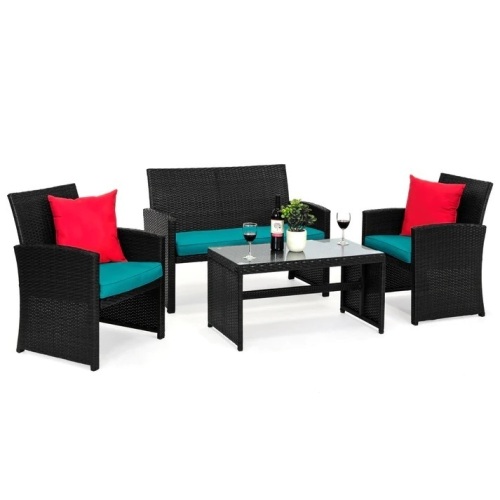 4-Piece Outdoor Wicker Conversation Patio Set w/ 4 Seats, Glass Table Top - Lot 5632