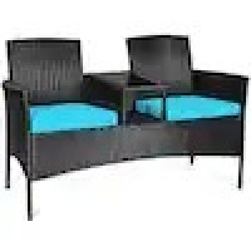 Wicker Patio Rattan Conversation Set with Turquoise Cushions - Lot 5643