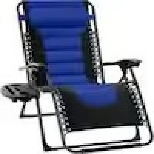 Oversized Padded Zero Gravity Blue Metal Reclining Outdoor Lawn Chair w/Side Tray - Lot 5649